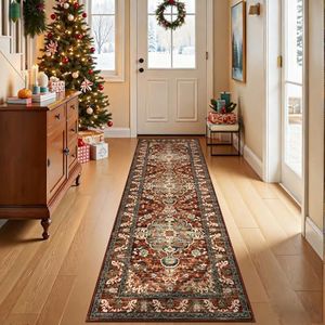 U'Artlines 2' x 7' Boho Hallway Runner Rug, Non Slip Washable Vintage Farmhouse Accent Area Rug Carpet for Kitchen Entryway Laundry and Living Room (Rust＆Teal)