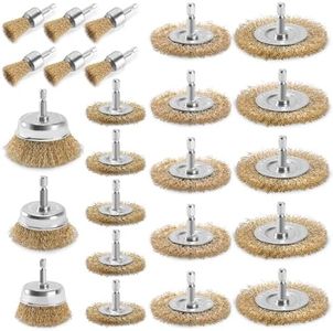 POLIWELL 24 Pack Wire Wheel Brush for Drill, Carbon Steel Bristles Wire Cup Brush Set Coarse Crimped Abrasive Brass Coated Brushes with 1/4 Inch Hex Shank for Rust Removal, Corrosion, Paint Cleaning