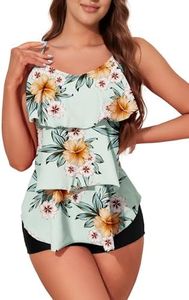 Adisputent Womens Tankini Swimsuits with Boy Shorts Tummy Control Plus Size Modest Flounce Vintage Tank Top Two Piece Bathing Suits Green Flowers M