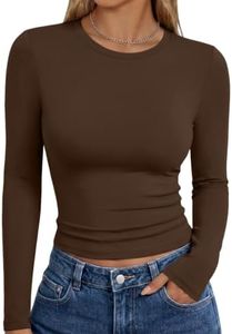 Trendy Queen Womens Long Sleeve T Shirts Fall Fashion 2025 Basic Crop Tops Going Out Workout Outfits Y2k Clothes Chocolate L