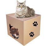 BohoBark Square Cat Cave Cardboard Cat House with Entrance and Window, Cat House Plug-in System