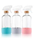 3pack Refillable Bamboo Glass Spray Bottle，Spray Bottles for Cleaning Solutions, 17 oz Silicone Protective Glass Spray Bottle Sets and Accessories,Containers for Cleaning Solutions(3pcs Upgraded Nozz)