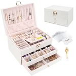 Jewellery Box, Jewellery Organiser with 2 Drawers, 3 Layers Leather Jewellery Storage Box with Lock, Jewellery Storage Case for Necklaces Earrings Bracelets and Rings, White