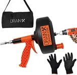 DrainX 25 FT Heavy Duty Ergonomic Load Support Drain Auger with Drill Adapter - Extra Grip Support Handle - Unclogs Household Drains, Pipes, Gutters