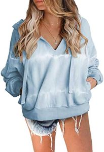 Biucly 2020 Womens Tie Dye Hoodie Cropped Hoodie V Neck Drawstring Pullover Sweatshirt Fall Sky Blue Hoodies with Pockets Crop Tops for Women Teen Girls Winter Clothes Medium