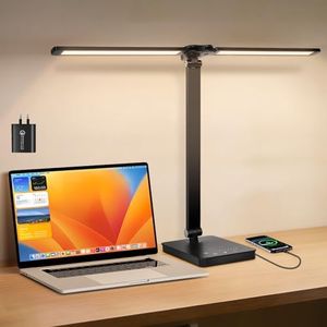 Desk Lamp for Home Office,LED Desk Light with USB Charging Port, Double Head Piano Light with 5 Color Modes, Kids Eye-Caring Study Reading Lamp, Table Lamp for Reading Study, Dimmable, Timer