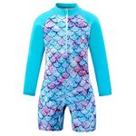 BOVOSHA Girls Swimsuit Kids Mermaid One-Piece Bathing Suit Swimwear for Toddler Long Sleeve Rash Guard Size 3-14 Years (Blue, 7-8 Years)