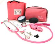 Aneroid Blood Pressure Sphygmomanometer Monitor, Stethoscope, Pen Light (Pen Torch), Tourniquet, Nurse Watch, Lanyard ID Card Holder - Starter Set (Pink with Butterfly Watch)