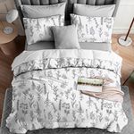 MUXHOMO Duvet Cover Queen Size, 3 Pieces White Duvet Cover Floral Botanical, Microfiber Soft Queen Bedding Set with Zipper Closure 4 Ties and 2 Pillow Cases(90"×90")