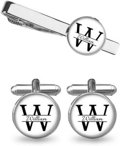 Personalized Cufflinks and Tie Clip Set with Letter/Initials, Custom Cuff Links and Tie Bar for Men with Gift Box for Wedding, Groomsmen, Husband, Father