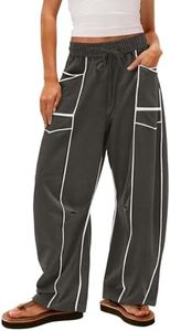 IAJDKMEK Barrel Sweatpants Women High Waisted Wide Leg Lounge Pants Drawstring Waist Contrast Baggy Patchwork with Pockets Casual Beach Vacation Trousers Dark Gray Medium