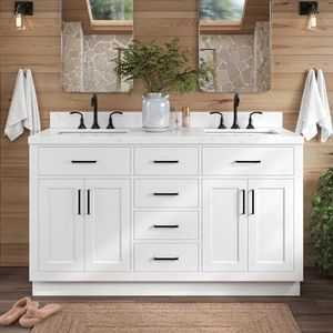 ARIEL Hepburn 60-inch Bathroom Vanity with Sink,Solid Wood, 1.5-inch Carrara White Quartz Countertop & Backsplash, Double Rectangular Porcelain Sink, 4 Soft Closing Doors, 6 Dovetail Drawers, White