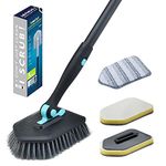 3 in 1 Shower Scrubber with 3 Different Function Cleaning Heads, Adjustable Long Handle No Scratch Bath Tub Cleaner Brush Stiff Bristles Brush Sponge Scouring Pads for Bathroom (Black)