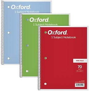 Oxford TOPS/ 1-Subject Notebooks, 8" x 10-1/2", Wide Rule, 70 Sheets, 3 Pack, Color Assortment May Vary (65029)