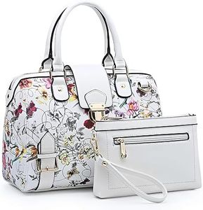 Dasein Women Barrel Handbags Fashion Satchel Bags Top Handle Shoulder Purses Vegan Leather Work Tote (White Floral)