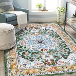 U'Artlines Boho Vintage Area Rug 5x7 Machine Washable Low Pile Soft Floor Carpet Non Slip Non Shedding Accent Rug for Living Room Bedroom Entryway Dining Room Office Green