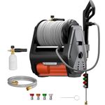 Giraffe Tools Grandfalls Wall Mounted Pressure Washer Pro, Max 3700PSI, 1.6GPM, Electric Power Washer with 100FT Replaceable Hoses, 4 Nozzle and Detergent Tank, Cars, Fences, Patio, Dark Silver