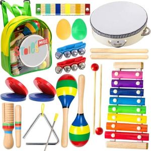 STOIE'S 19 PZ Strumenti Musicali Bambini Tamburello Bambini Montessori Giocattoli Musicali Percussioni Set Strumenti Musicali Legno Bambini 3 4 5 6 Anni