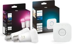 Philips Hue White and Col. Amb. LED E27 Bulbs with Hue Bridge Control Centre, Pack of 2, 800lm, 16 Million Colours and White Tones, Control via App, Switches, Voice