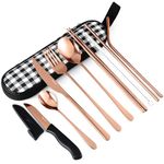 hecef 10 PCS Lunch Cutlery Set for Work, Camping Travel Cutlery Set with Compact Cloth Bag, Reusable Stainless Steel Cutlery Set for Work, School, Camping, and Travel (Rose Gold)