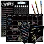 JJPRO Magnetic Chalkboard Monthly Calendar - Reward Chore Chart Blackboard Combo Set with Neon Bright Liquid Chalk Markers - Bonus Grocery List and Notepad Blackboard for Refrigerator Included