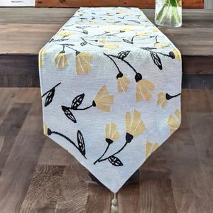 DaDa Bedding Elegant Tapestry Table Runner - Fresh Sunshine Yellow Fleur Floral Design - Cotton Linen Woven Dining Mats - 13" x 54"