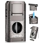 5-in-1 Cigar Lighter with V Cut Cigar Cutter, Cigar Punch, Draw Enhancer and Dual Windproof Jet Flame, Cigar Accessories Gifts for Men, Refillable Butane Torch Lighter Set for Smoking, Outdoor Travel