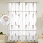 Deconovo Home Decorative Semi Transparent Sheer Curtains Faux Linen Rod Pocket Leaves Embroidery Net Curtains for Windows 55 x 72 Inch(Width x Length) 2 Panels Flaxen/White 2 Panels