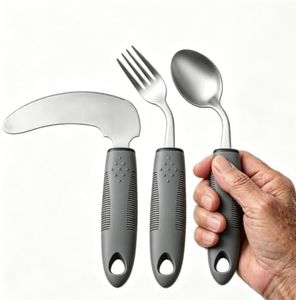 JIWYMFE Adaptive Utensils Set for Seniors, Right Handed – 2.5oz Lightweight Arthritis Silverware, Rocker Knife Fork Spoon, Non-Slip Ergonomic Handle for Parkinson’s, Weak Grip & Hand Tremors, Grey