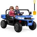 Costzon Ride On Dump Truck with Remote Control, 12V Electric Kids UTV w/Electric Dump Bed, Rocking Function, Shovel, 4 Spring Suspensions, Wireless Design, 2-Seater Ride on Car Gift for Kids (Blue)