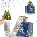 Birthday Money Box Cash Gift Pull Surprise Money Gift Box with Pull out Card and 30Pcs Transparent Bags, Money Presentation Box for Cash Gifts Birthday, Money Gift Box for Cash Gifts (Blue Gold)