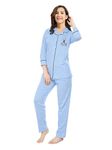 Hestia | Cotton Night Suit for Women | Night Wear Dress Set with Pajama and Full Sleeve Shirt | Breathable Fabric | Shrink Free Night Dress Material | Snow Polar Bear Printed | Blue | M | Set 1