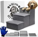 Dog Stairs for High Beds or Couch- Foldable Dog Steps W/Storage- Pet Steps for Small Dogs, Medium Dogs, Puppy Stairs- Use as a Dog Window Perch or Cat Stairs for Old Cats- Dog Grooming Glove Included