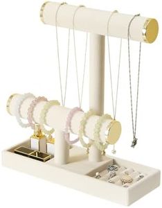 Pangkeep Jewelry Holder Stand,2 Tier Necklace Bracelet Organizer with Tray,Jewelry Displays for Selling Bangles Scrunchie Hair ties Watches and Chains,Beige Velvet.