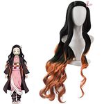 Kamado Nezuko Demon Slayer Cosplay Wig, Japanese Anime Character Role Playing Hairs Wigs with Accessories, Long Curly Black Orange Gradient Kids Wig for Halloween Props