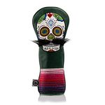 Pins & Aces LE Sugar Skull Mustache Fairway Wood Head Cover - Premium, Hand-Made Leather 3W or 5W Headcover - Funny, Tour Quality Golf Club Cover - Style and Customize Your Golf Bag (Green)