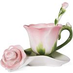 ONEUSTAR Pink Tea Cup and Saucer Set for 1 Ceramic Hand Crafted Rose Flower Coffee Cup for Mother's Day Thanksgiving Wedding Birthday Gift for Women, 6 Oz