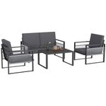 Outsunny 4 Pieces Aluminium Garden Furniture Set with Cushions, Patio Furniture Set with Slatted Aluminium Top Coffee Table, Sofa Set with Rope Decoration Weave Armchairs, Black