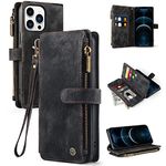 Vofolen for iPhone 12 Case Wallet Case with Card Holder iPhone 12 Pro Case iPhone 12 Leather Flip Case Wristlet Zip Magnetic Closure Shockproof Protective Case Cover for iPhone 12 Phone Case-Black