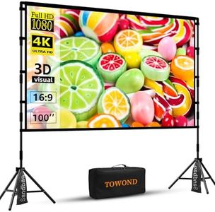 Projector Screen with Stand,Towond 100 inch Portable Projection Screen, Indoor Outdoor Screen 16:9 4K HD Rear Front Movie Screen with Carry Bag Wrinkle-Free Design for Home Theater Backyard Cinema