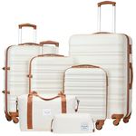 LONG VACATION Luggage Set 4 Piece Luggage Set ABS hardshell TSA Lock Spinner Wheels Luggage Carry on Suitcase((WHITE-BROWN, 6 piece set)