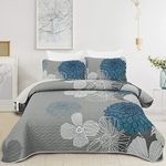 3 Pieces Quilt Set King Blue Floral Pattern Bedspread Microfiber Boho Coverlet Soft Lightweight Bed Cover with 2 Pillow Shams for All Season 104"x90"