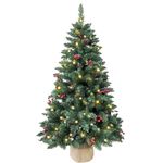 Pre-lit Christmas Tree 120cm/4ft,300 Branches Tips Artificial Pine Xmas Tree with 100 LED Lights & 20 Red Berry & 20 Pinecone Burlap Base for Indoor Outdoor Decoration