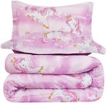 Yibeizi Unicorn Kids Comforter Set for Girls Full Size, Cute Reversible Quilted Lavender Printed Bedding Set with Pillow Sham, Lightweight Soft Breathable Machine Washable Bed Set 3 Piece