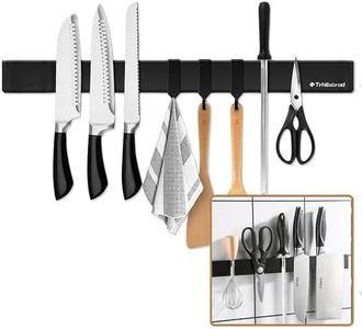 [Verbesserte 50cm]Trhillsbrad Magnetleiste Messer, 50cm Messerhalter Magnetisch mit 3 Haken Edelstahl Messerleiste Selbstklebend, Schwarz Wandhalterung Magnetleiste Ohne Bohren Messerhalter