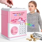 GuDoQi Unicorn Piggy Bank for Girls Electronic Coin Money Bank Toy for 3 4 5 6 7 8 9 10 Year Old Children, Mini ATM Cash Coin Saving Box for Birthday Gifts Kids Age 3-10, Pink Unicorn