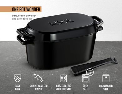 KooK Enameled Cast Iron Dutch Oven, Black – Heavy Duty Casserole