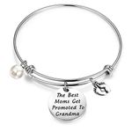 FEELMEM New Grandma Gift The Best Moms Get Promoted to Grandma Bangle Bracelet with Baby Footprint Charm, Stainless Steel,