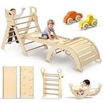 BlueWood Pikler Triangle Set 7in1 Foldable Baby Climbing Toys Wooden Montessori Education Climbing Set with Arch&Ramp&Ladder Baby Climber Indoor Jungle Gyms for ToddlersToys - Natural Wood