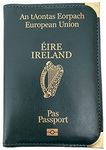 Irish Passport Holder | EU Passport Wallet | Green PU Leather Cover | Gold Metal Protective Corners | Gold Text